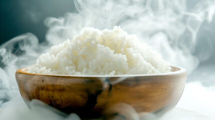 Hot cooked Japanese rice in a wooden bowl with a smoke background