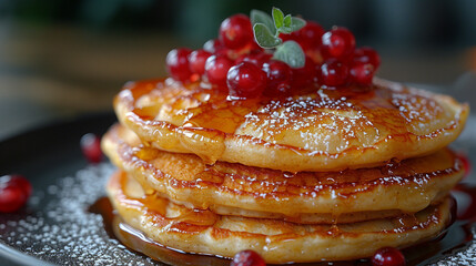 Pancakeks with maple syrup and icing sugar and cranberries