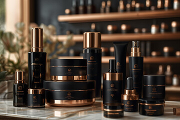 Beauty box set, bottles of natural cosmetics. Blogger skincare, face, hair and body essentials, salon treatments. Overhead, minimalism package, branding mockup