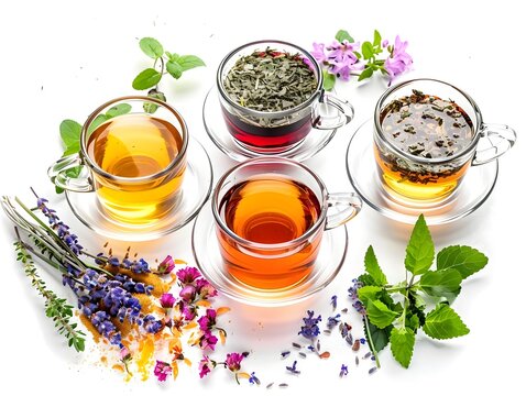 Herbal Tea Infusions with Floral Accents on White Background for Wellness and Relaxation