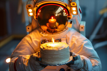 An astronaut in full gear presents a birthday cake with a single lit candle, symbolizing celebration in an unusual environment