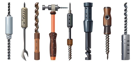A set of various shapes and sizes of drill heads, including spades, screwdriver-shaped bits with sharp ends, and spiral or twist bits with visible metal all are displayed against a white background