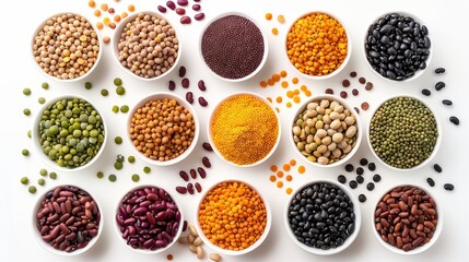 Dynamic top view of a variety of legumes, each a source of protein and fiber, showcased on an isolated white background, studio lighting