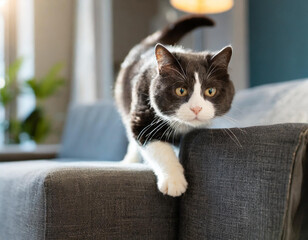 Close-up of gray and white cat jumping on gray sofa