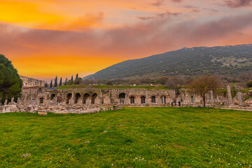 Efes, Izmir, Turkey - March 2, 2022:People enjoy ancient city Ephesus.