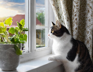 White and striped domestic cat looks at the garden from the window of the house