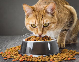 Striped orange or red cat eats a dry food from a steel bowl on flooring