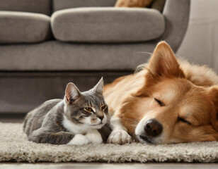 Golden retriever and cat napping on gray carpet near gray couch in modern room 