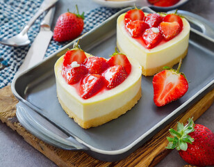 Close-up of heart shaped mini cheesecake with vanilla and fresh strawberries on a tray on table