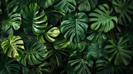 Fototapeta na wymiar Tropical pattern with beautiful monstera, palm leaves. Dark vintage 3D illustration. Glamorous exotic abstract background design. Good for luxury wallpapers, fabric printing, goods. High quality photo