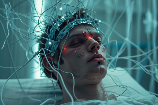 engaging shot depicting the intricacies of brainwave monitoring, with electrodes securely attached to a person's head, demonstrating the advancements in neuroscience and brain imag