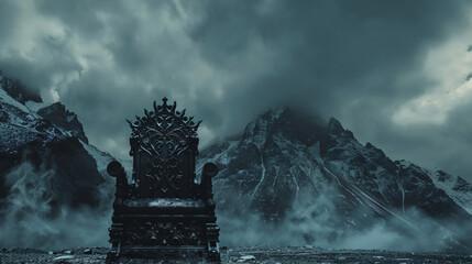 Black gothic throne against the dark rocky mountains 