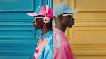 African American man in tracksuit, cap, sunglasses and headphones in 80s retro style