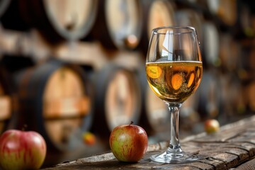 A glass of apple cider on background of old wooden barrels in cellar. Generative AI