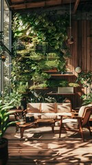living room with lots of plants, wooden furniture, and big windows