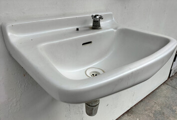 Set of ceramic rectangle washbasins with water tap. Porcelain washstand. Front and Top view. Sample Ceramic sink with faucet For Bathroom and Restroom. 
