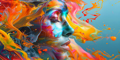 female with colorful liquid on her face. AI generated.	