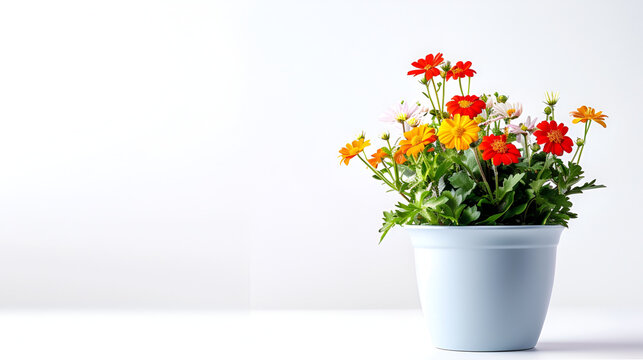  Lantana flower in pot isolated on white background ,Beautiful orange flowers of Tagetes in ceramic vase