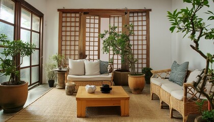Fototapeta na wymiar Harmony in Contrast: Rustic Japandi Interior Design for a Modern Living Room
