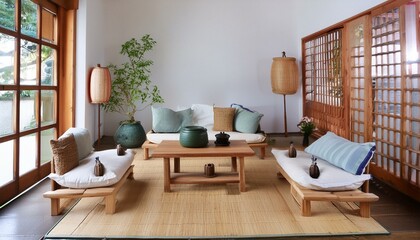 Harmony in Contrast: Rustic Japandi Interior Design for a Modern Living Room"