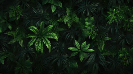 Fototapeta na wymiar Horizontal splash with lush tropical green leaves. Herbal solid background. Abstract green natural die