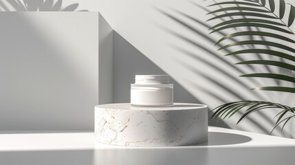 Mockup of jar of cream on round platform, neutral light background with tropical leaves. Presentation of cosmetic product