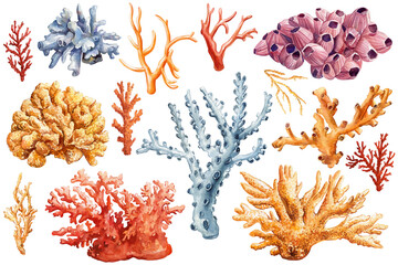 Corals set watercolor on isolated white background. Beautiful Marine clipart. Colorful hand painting coral closeup  - 796629708