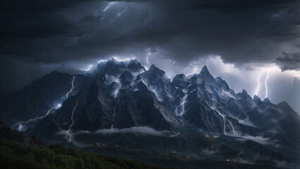 A dark and stormy night. Lightning strikes over a mountain range. There is a village in the valley below.

