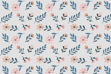 Seamless pattern of cute flower branches with leaves on gray blue and white background. Vector illustration	