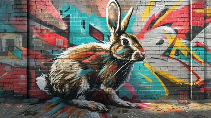 Dynamic 3D wallpaper featuring a vividly rendered rabbit jumping out of a graffiticovered wall, creating a striking visual breakaway effect - obrazy, fototapety, plakaty