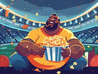 Overweight Sports Fan Indulging in Snacks at a Lively Stadium Event - 796630109