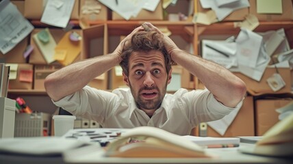 Stressed man amid office chaos - Overwhelmed man expressing stress with hands on his head among disordered office papers