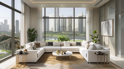 Modern living room with white sofa and a large window overlooking a cityscape.