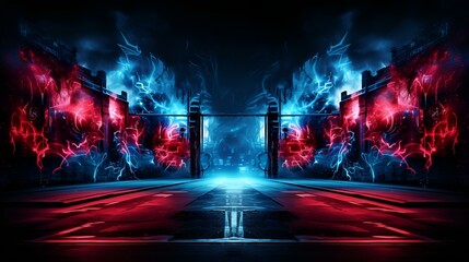An intriguing artwork featuring a dark tunnel adorned with striking red and blue lights