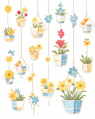 Artistic watercolor clipart depicting a series of cute hanging pots, each filled with different types of colorful flowers, detailed beautifully, elegantly isolated on a white background