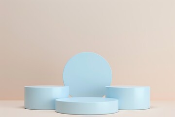 Three Round Podiums for Cosmetic, Soap, Items Presentation. Abstract Minimal Geometric Pedestal. Cylinder Forms, Soft Shadow. Product Object Show Scene. Showcase, Display Case. Beige Stand Backdrop Ad