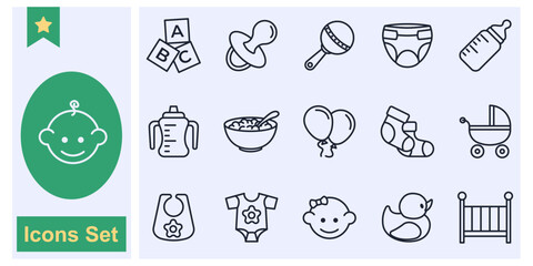 Baby toys, feeding and care icon set symbol collection, logo isolated vector illustration