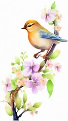 Artistic watercolor clipart depicting a tiny, cute bird perched on a twisted branch, surrounded by budding flowers, detailed beautifully, elegantly isolated on a white background