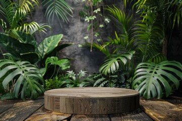 KSWooden podium for_product_display_in_tropical forest