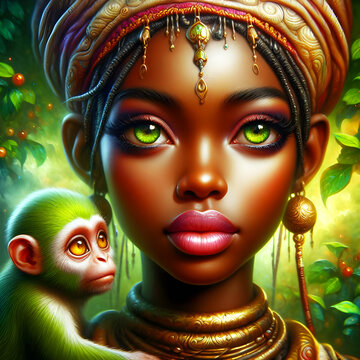 Green monkey and African girl portrait, fantasy portraiture