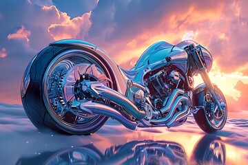 A retro-futuristic motorbike with chrome accents, set against a backdrop of swirling pastel clouds...
