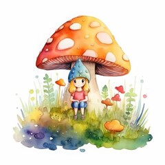 Obraz na płótnie Canvas Elf, Mischievous elf hiding in a colorful mushroom field, children book watercolor clipart