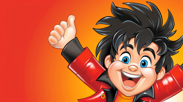 A cartoon boy is smiling and giving a thumbs up. The image is bright and colorful, with a red background. The boy's outfit is red and black, and he is wearing a red jacket