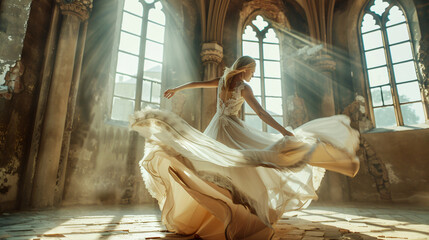 Charming angel in snow-white dress dancing in castle 