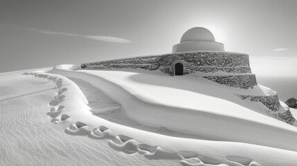 A snow covered mountain with a small building on top. The building is a dome shaped structure. The snow is piled up on the ground and the sky is cloudy - obrazy, fototapety, plakaty
