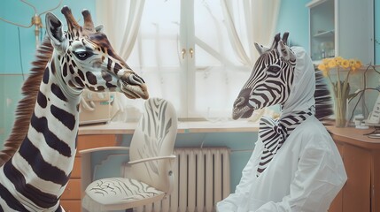 Giraffe Doctor in Whimsical Consultation with Zebra Patient Generative ai