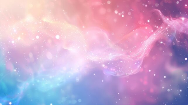Defocused background image of soft pastel neon tones fading into each other mimicking ethereal galaxies and s of ling stars in a dreamy panoramic view. .