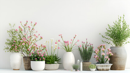 heather in flowerpot and bouquet in vase on white background,Composition of various orchid plants on a white wall
