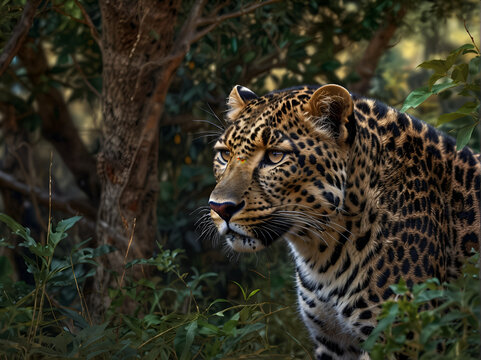 The jaguar, a wild animal, sneaks through the forest bowl and overgrows - Powered by Adobe