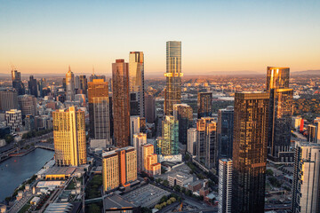 Panorama of downtown Melbourne from high point. Australia. Photo skyscrapers at sunset from drone.